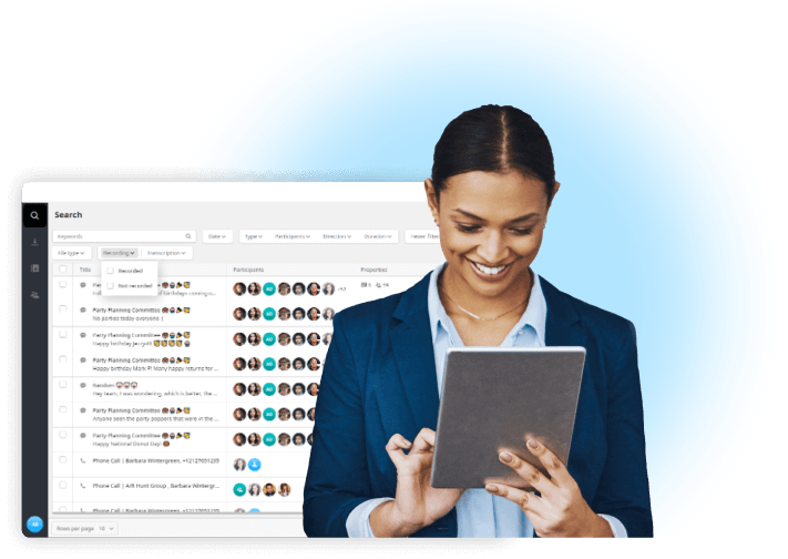Woman with a tablet beside a Key 2 IP Elevate Archiving call search screen