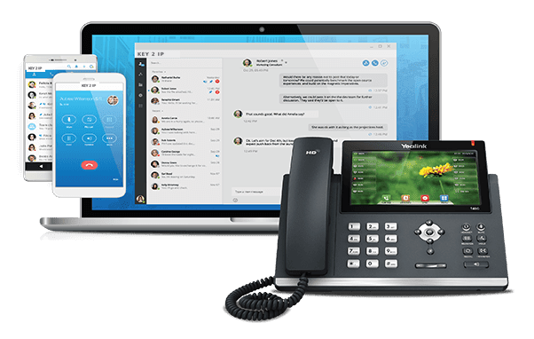 Key 2 IP Elevate app on a laptop and two phones, with a desk phone